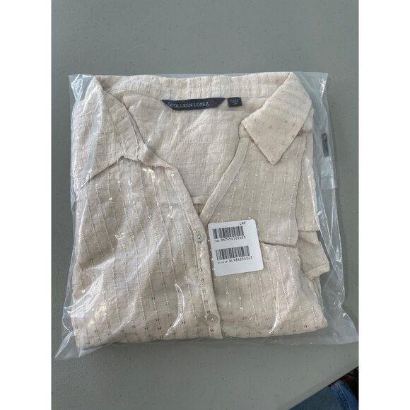 Colleen Lopez Button Front Sequin Tunic Top Size 1X Petite Long Sleeve Textured - Picture 2 of 6